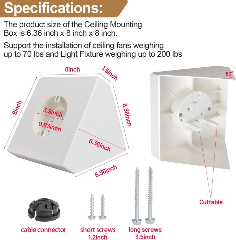 Deridi Ceiling Fan Light Fixture Mounting Box Fan Mounting Bracket FB900 Ceiling Fan Angle Mount for Cathedral Ceiling Angles of 80°and Up (1Pack) - Image 2